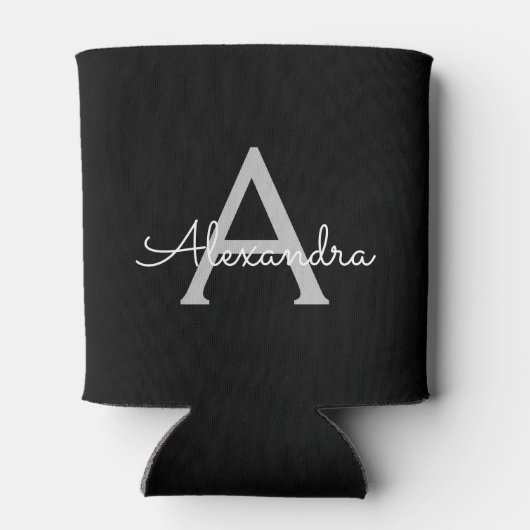 Zwarte Silver Modern Script Girly Monogram Naam Blikjeskoeler (Achterkant)