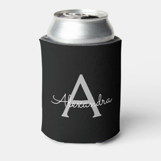 Zwarte Silver Modern Script Girly Monogram Naam Blikjeskoeler (Blikje Achterkant)