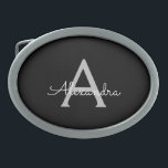 Zwarte Silver Modern Script Girly Monogram Naam Gesp<br><div class="desc">Zwart en Zilver Eenvoudig Script Monogram Naam Belt Buckle. Dit maakt het perfecte afstuderen,  zoet 16 16th,  18th,  21st,  30th,  40th,  50th,  60th,  70th,  80th,  90th,  100th Birthday,  bruiloft,  vrijgezellenfeest,  jubileum,  baby shower of vrijgezellenfeest cadeau voor iemand die houdt van glamoureuze luxe en chique stijlen.</div>