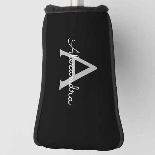 Zwarte Silver Modern Script Girly Monogram Naam Golfheadcover (Draai 90)