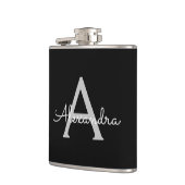 Zwarte Silver Modern Script Girly Monogram Naam Heupfles (Links)