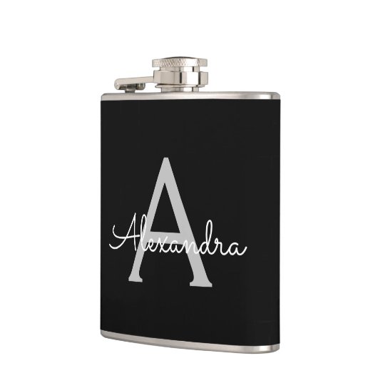 Zwarte Silver Modern Script Girly Monogram Naam Heupfles (Links)