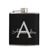 Zwarte Silver Modern Script Girly Monogram Naam Heupfles (Voorkant)