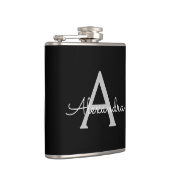 Zwarte Silver Modern Script Girly Monogram Naam Heupfles (Rechts)