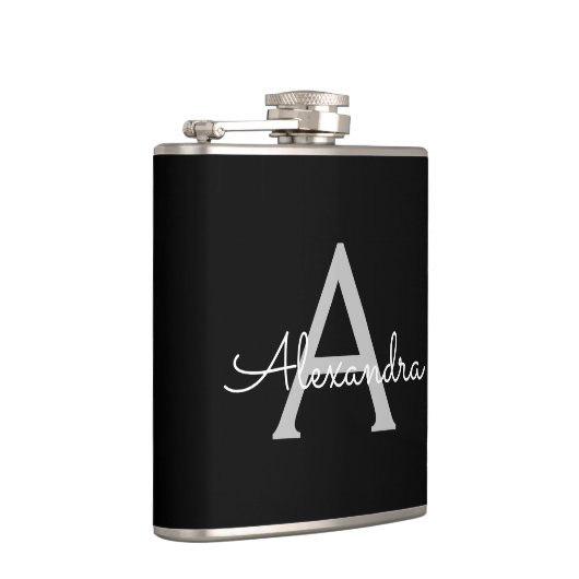 Zwarte Silver Modern Script Girly Monogram Naam Heupfles (Rechts)