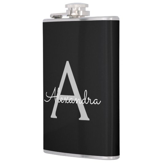 Zwarte Silver Modern Script Girly Monogram Naam Heupfles (Links)