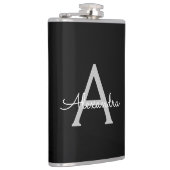 Zwarte Silver Modern Script Girly Monogram Naam Heupfles (Rechts)