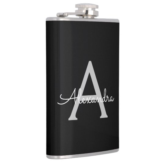 Zwarte Silver Modern Script Girly Monogram Naam Heupfles (Rechts)