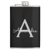 Zwarte Silver Modern Script Girly Monogram Naam Heupfles (Voorkant)