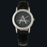 Zwarte Silver Modern Script Girly Monogram Naam Horloge<br><div class="desc">Zwart en Zilver Eenvoudig Script Monogram Naam Horloge. Dit maakt het perfecte afstuderen,  verjaardagscadeau,  bruiloft,  vrijgezellenfeest,  jubileum,  baby shower of vrijgezellenfeest cadeau voor iemand die houdt van glamoureuze en chique stijlen.</div>