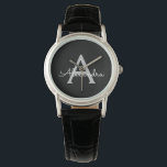 Zwarte Silver Modern Script Girly Monogram Naam Horloge<br><div class="desc">Zwart en Zilver Eenvoudig Script Monogram Naam Horloge. Dit maakt het perfecte afstuderen,  verjaardagscadeau,  bruiloft,  vrijgezellenfeest,  jubileum,  baby shower of vrijgezellenfeest cadeau voor iemand die houdt van glamoureuze en chique stijlen.</div>