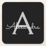 Zwarte Silver Modern Script Girly Monogram Naam Kartonnen Onderzetters<br><div class="desc">Zwart en Zilver Eenvoudig Script Monogram Naam Papier Onderzetters. Dit maakt het perfecte afstuderen,  verjaardagscadeau,  bruiloft,  vrijgezellenfeest,  jubileum,  baby shower of vrijgezellenfeest cadeau voor iemand die houdt van glamoureuze en chique stijlen.</div>