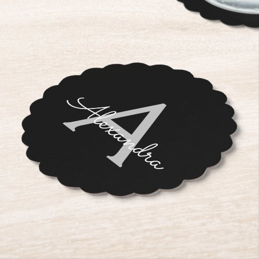 Zwarte Silver Modern Script Girly Monogram Naam Kartonnen Onderzetters (Gekanteld)
