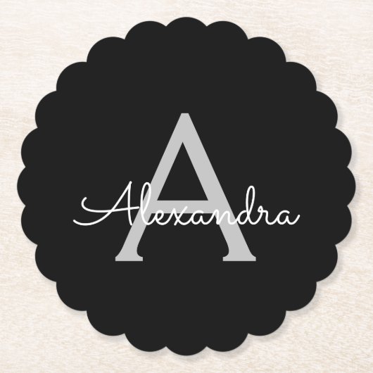 Zwarte Silver Modern Script Girly Monogram Naam Kartonnen Onderzetters (Voorkant)