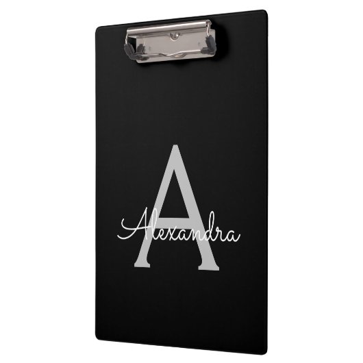 Zwarte Silver Modern Script Girly Monogram Naam Klembord (Links)