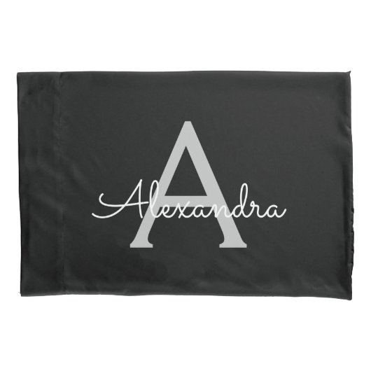 Zwarte Silver Modern Script Girly Monogram Naam Kussensloop (Voorkant)