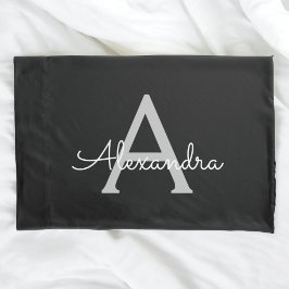 Zwarte Silver Modern Script Girly Monogram Naam Kussensloop