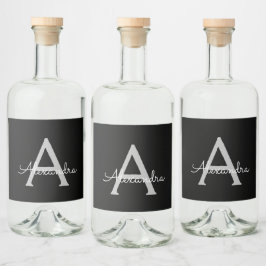 Zwarte Silver Modern Script Girly Monogram Naam Likeurfles Etiket