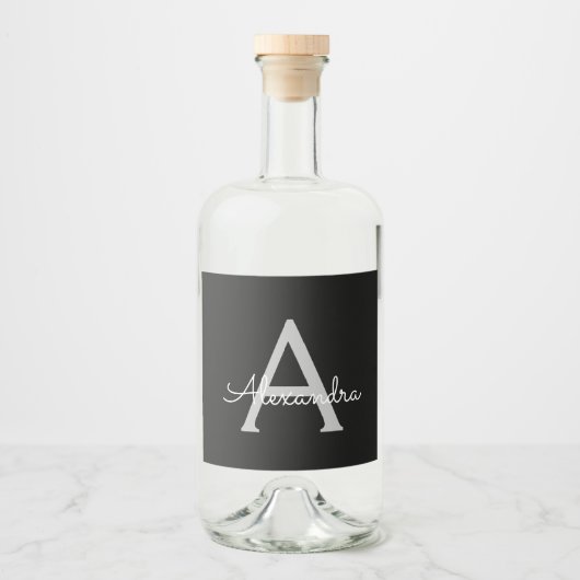 Zwarte Silver Modern Script Girly Monogram Naam Likeurfles Etiket (Voorkant)