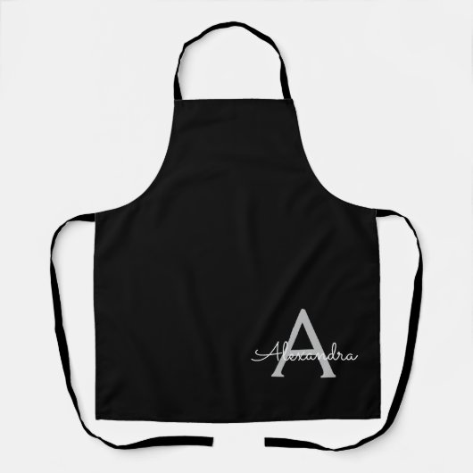 Zwarte Silver Modern Script Girly Monogram Naam Schort (Voorkant)