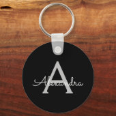 Zwarte Silver Modern Script Girly Monogram Naam Sleutelhanger (Voorkant)