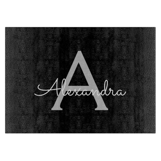 Zwarte Silver Modern Script Girly Monogram Naam Snijplank (Voorkant)