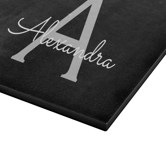 Zwarte Silver Modern Script Girly Monogram Naam Snijplank (Hoek)