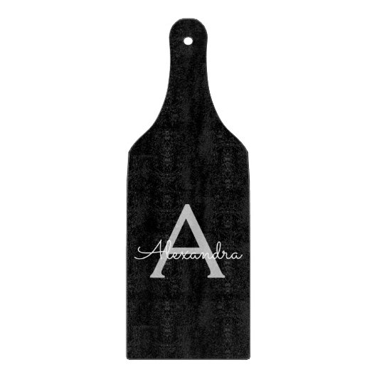 Zwarte Silver Modern Script Girly Monogram Naam Snijplank (Voorkant)