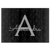 Zwarte Silver Modern Script Girly Monogram Naam Snijplank (Voorkant)