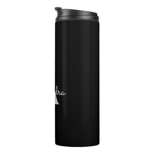 Zwarte Silver Modern Script Girly Monogram Naam Thermosbeker (Geroteerd rechts)