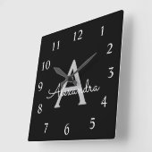 Zwarte Silver Modern Script Girly Monogram Naam Vierkante Klok (Hoek)