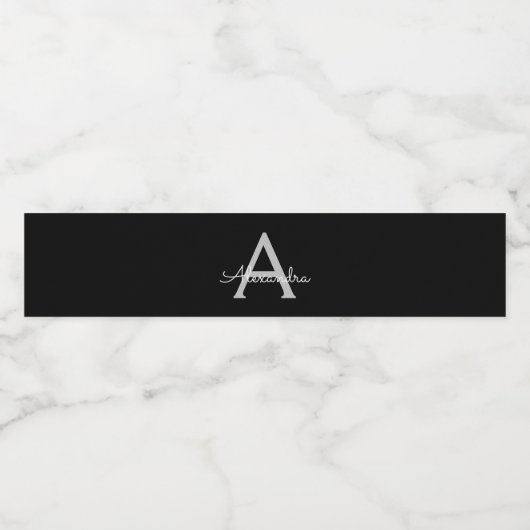 Zwarte Silver Modern Script Girly Monogram Naam Waterfles Etiket (Enkel label)