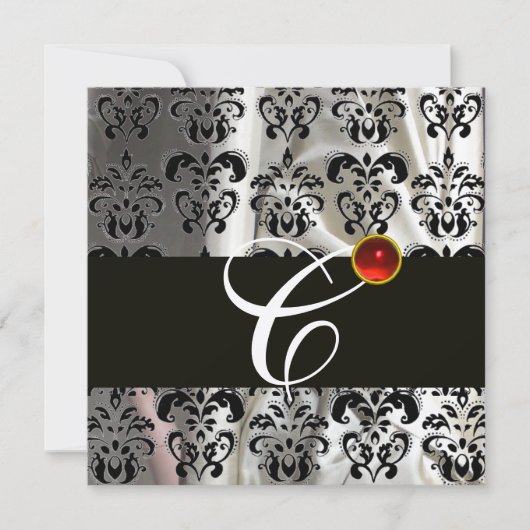 ZWARTE SILVER SILK DAMASK CLOTH MONOGRAM RED RUBY KAART (Voorkant)