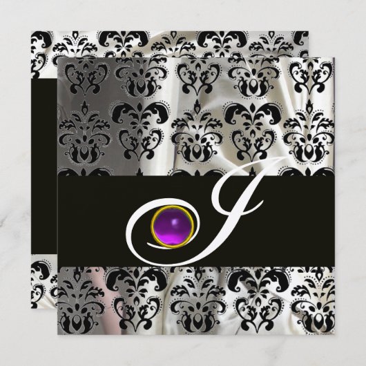 ZWARTE SILVER SILK DAMASK MONOGRAM PAARS AMETHYST KAART (Voorkant / Achterkant)