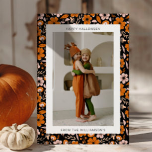 Zwarte Sinaasappel Bloemen Paddenstoelen Halloween Feestdagenkaart