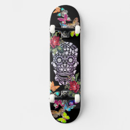 ZWARTE SKATEBOARD SKULL FLOWERS EN BUTTERFLIES