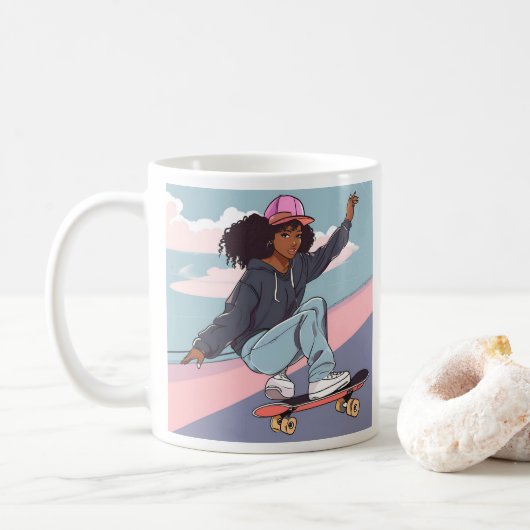 Zwarte Skater Meisje Stretched Canvas Print Koffiemok (Met donut)