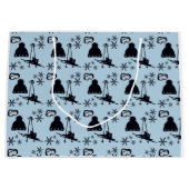 Zwarte ski-uitrusting & sneeuwvlokken op blauw groot cadeauzakje (Voorkant)