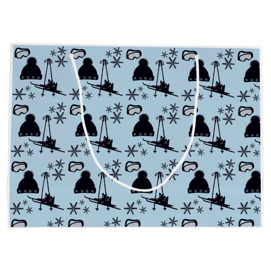 Zwarte ski-uitrusting & sneeuwvlokken op blauw groot cadeauzakje (Achterkant)