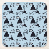 Zwarte ski-uitrusting & sneeuwvlokken op blauw kartonnen onderzetters (Voorkant)