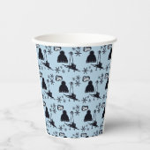 Zwarte ski-uitrusting & sneeuwvlokken op blauw papieren bekers (Voorkant)