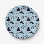 Zwarte ski-uitrusting & sneeuwvlokken op blauw papieren bordje (Voorkant)