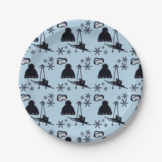 Zwarte ski-uitrusting & sneeuwvlokken op blauw papieren bordje (Voorkant)