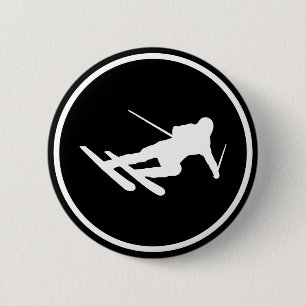 zwarte skisicon neerwaarts ronde button 5,7 cm
