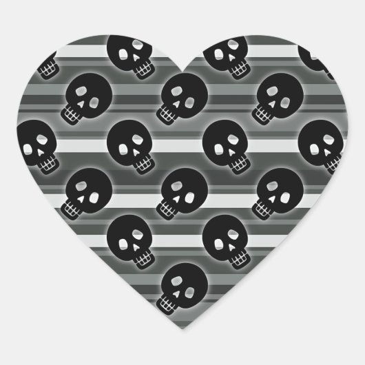Zwarte Skulls op Black White Stripe Pattern Hart Sticker (Voorkant)