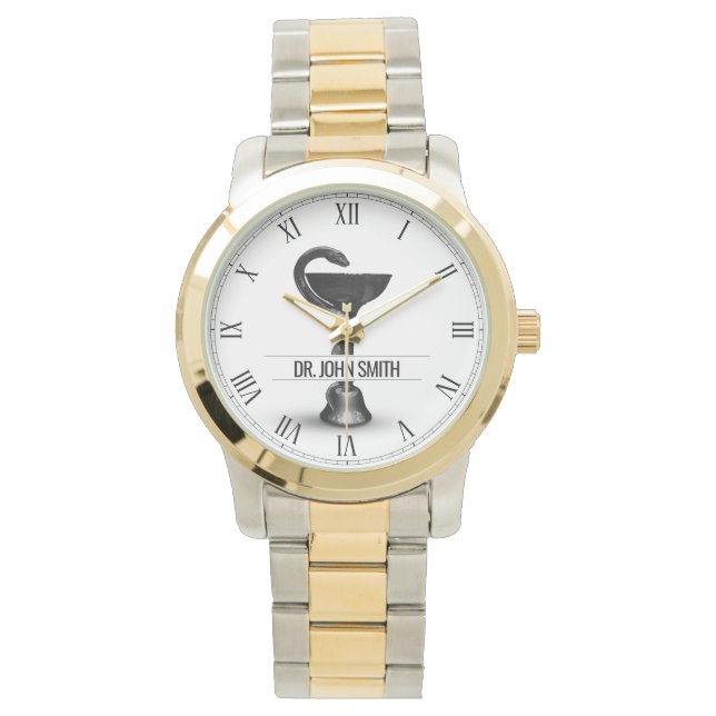 Zwarte slang Bowl Medical Hygieia Witte naam Horloge (Voorkant)