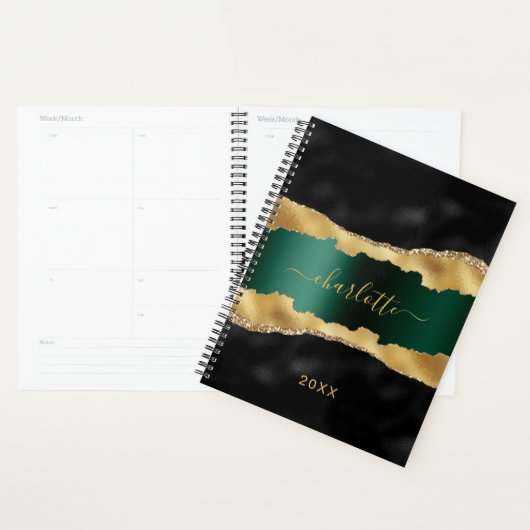 Zwarte smaragdgroene gouden agaat marmeren naam planner (Display)