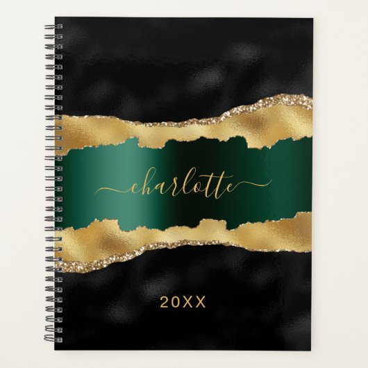 Zwarte smaragdgroene gouden agaat marmeren naam planner (Voorkant)