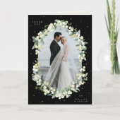 Zwarte sneeuwbes + eucalyptus bruiloft foto gevouw bedankkaart (Voorkant)