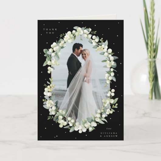 Zwarte sneeuwbes + eucalyptus bruiloft foto gevouw bedankkaart (Voorkant)